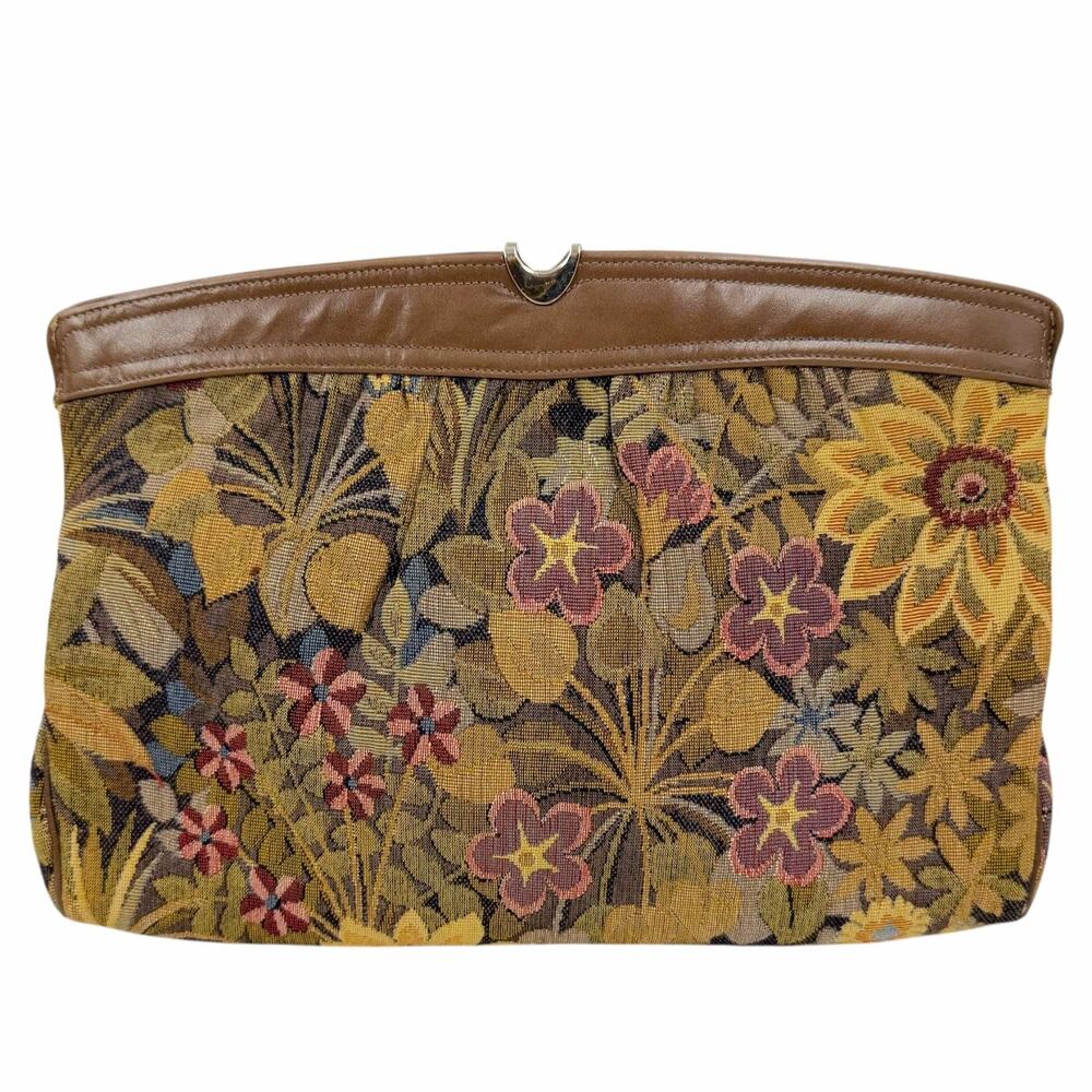 Vtg 80s Cottagecore Morris Moskowitz Floral Tapestry Leather Shoulder Clutch Bag
